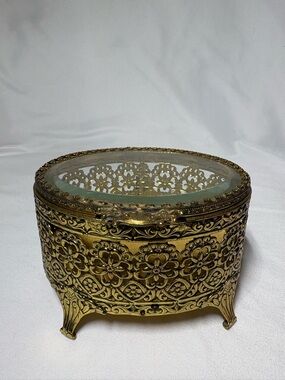 Vintage Ornate Gold Tone Glass Hinged Trinket Box with Floral Design